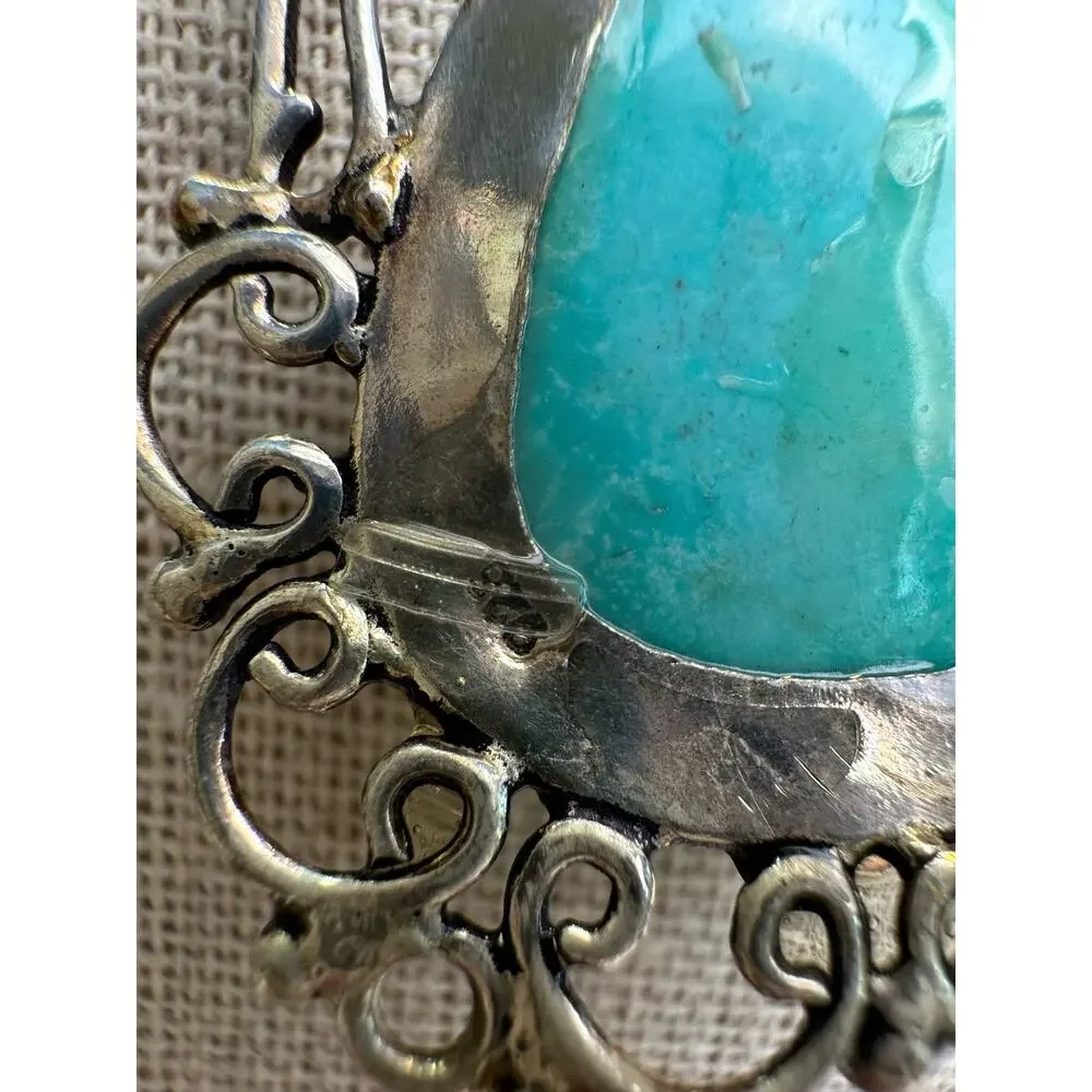 Sterling 925 Turquoise Teardrop Handmade Rustic Pendant Large Ornate Southwest